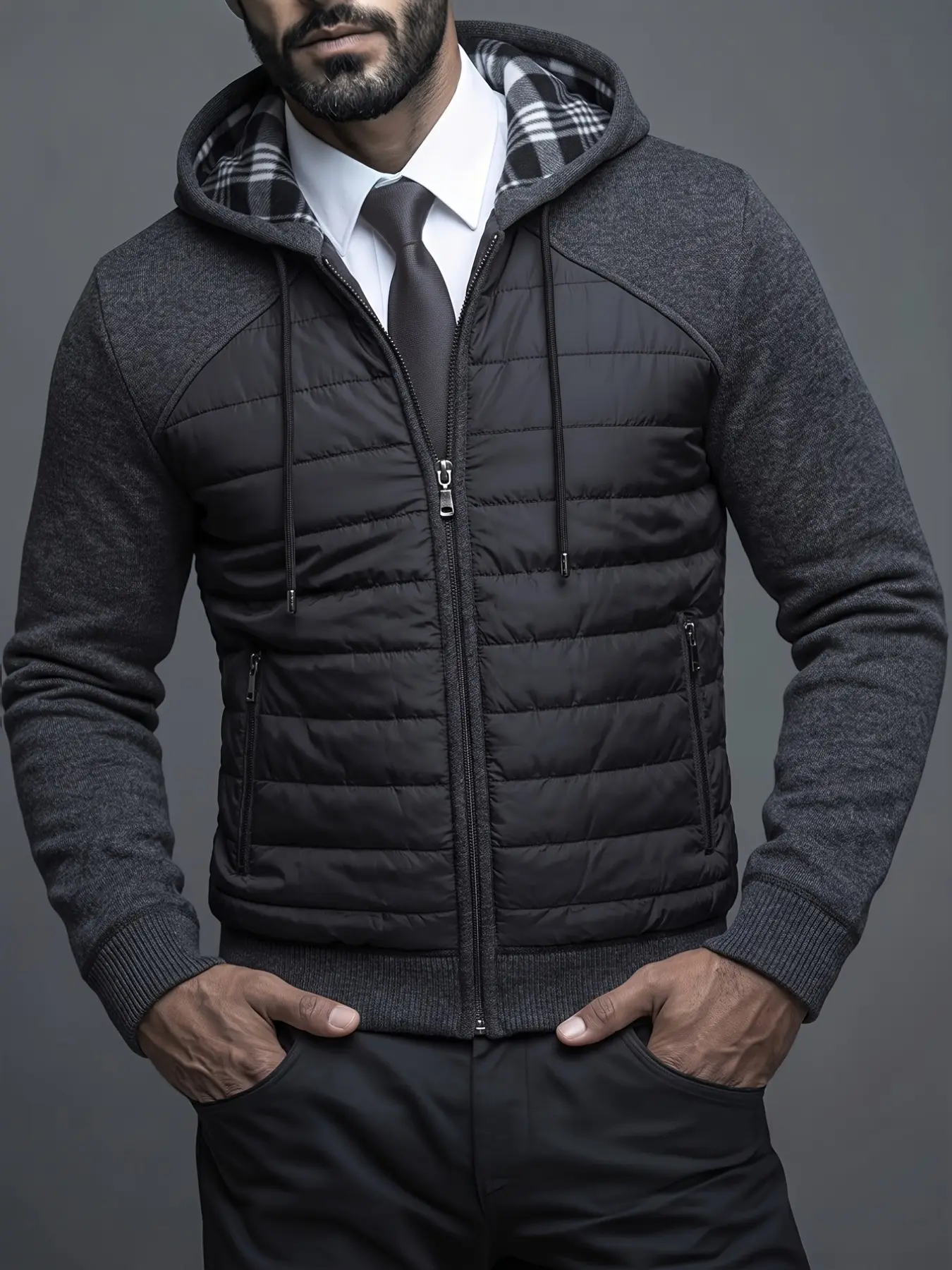 Men's Hooded Patchwork Jacket with Zipper, Quilted Knit Sleeve Cardigan, Fall Winter Casual Top, Warm and Comfortable, Urban Style
