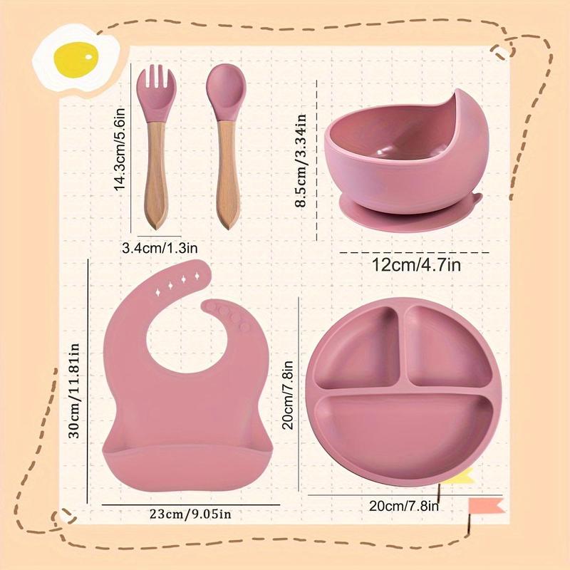 Baby Silicone Feeding Set, 5 Counts/set Including Bib, Bowl, Plate, Spoon & Fork, Baby Dinnerware Set, Baby Tableware Set, Mold Bowl, Silicone Utensils Set