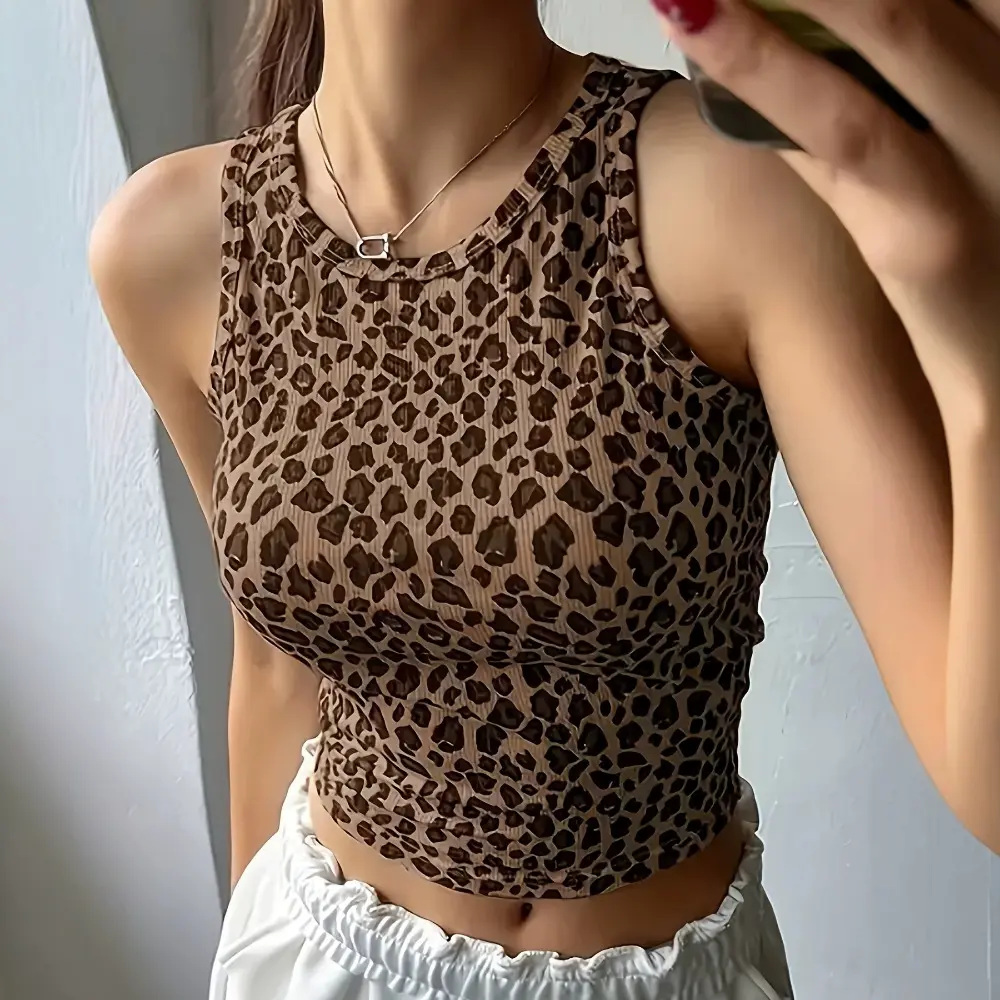 Women's Ribbed Animal Print Crop Top - Summer Slim-Fit Sleeveless Round Neck Versatile Short Camisole (Sports Underwear for Outdoor Activities), Ribbed Texture, Short Length, Female, Slim Cut, Slim-Fit Cut, Mini Crop