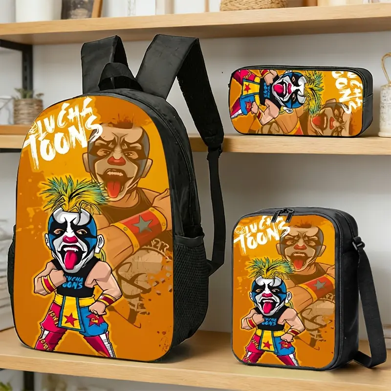 Waterproof 3-in-1 Oxford Backpack Combo, Insulated PEVA Lunch Bag Pencil Pouch, Warm Orange Lucha Libre Clown Wrestler Cartoon Print, Breathable Padded Straps for School Daily Outdoor Casual Outings