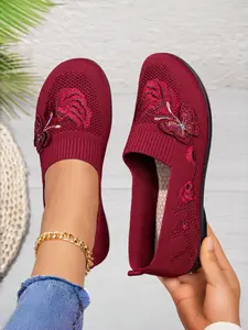 Women's Floral Butterfly Embroidered Hollow Knit Slip-On Flat Walking Loafers, Breathable Lightweight Flexible Non-Slip Soft Sole Casual Mary Jane Shoes for Daily Shopping Travel & Outdoor Leisure, Casual Fall Shoes