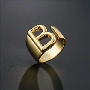 A-Z Letter Gold Color Metal Adjustable Opening Ring Initials Name Alphabet Female Party Chunky Wide Trendy Jewelry