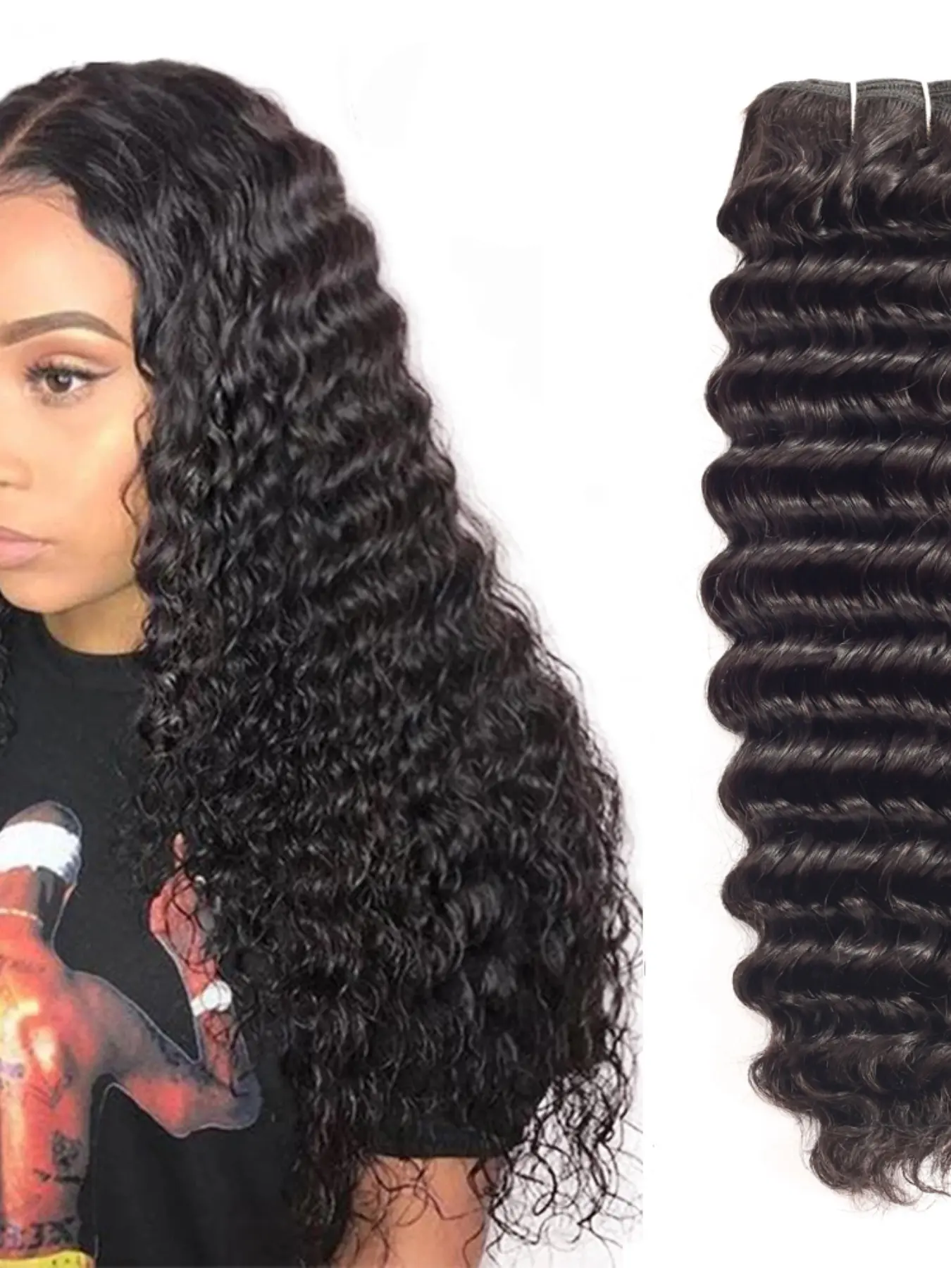 3PCS 3A-RIDP Deep Wave Curly Human Hair Bundles Natural Black
