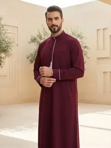 Islamic Traditional Men's Robe, Classic Wine Stand Collar Long Coat, Perfect for Ramadan and Eid, Ideal Gift for Loved Ones
