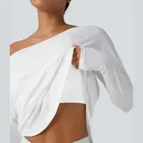 Halara One Shoulder Long Sleeve Thumb Hole Curved Hem High Low Quick Dry Yoga Sports Top-Built-in Bra