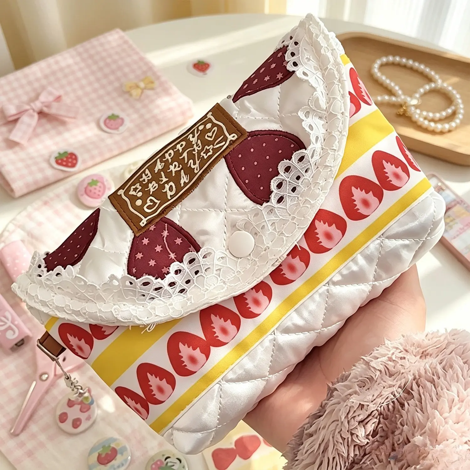 Handmade-style strawberry lace storage pouch with frilled lace & cute prints. Self-standing large snap makeup bag with divided pockets for makeup, journal tapes and pens, lovely organizer for school, shopping and commute.