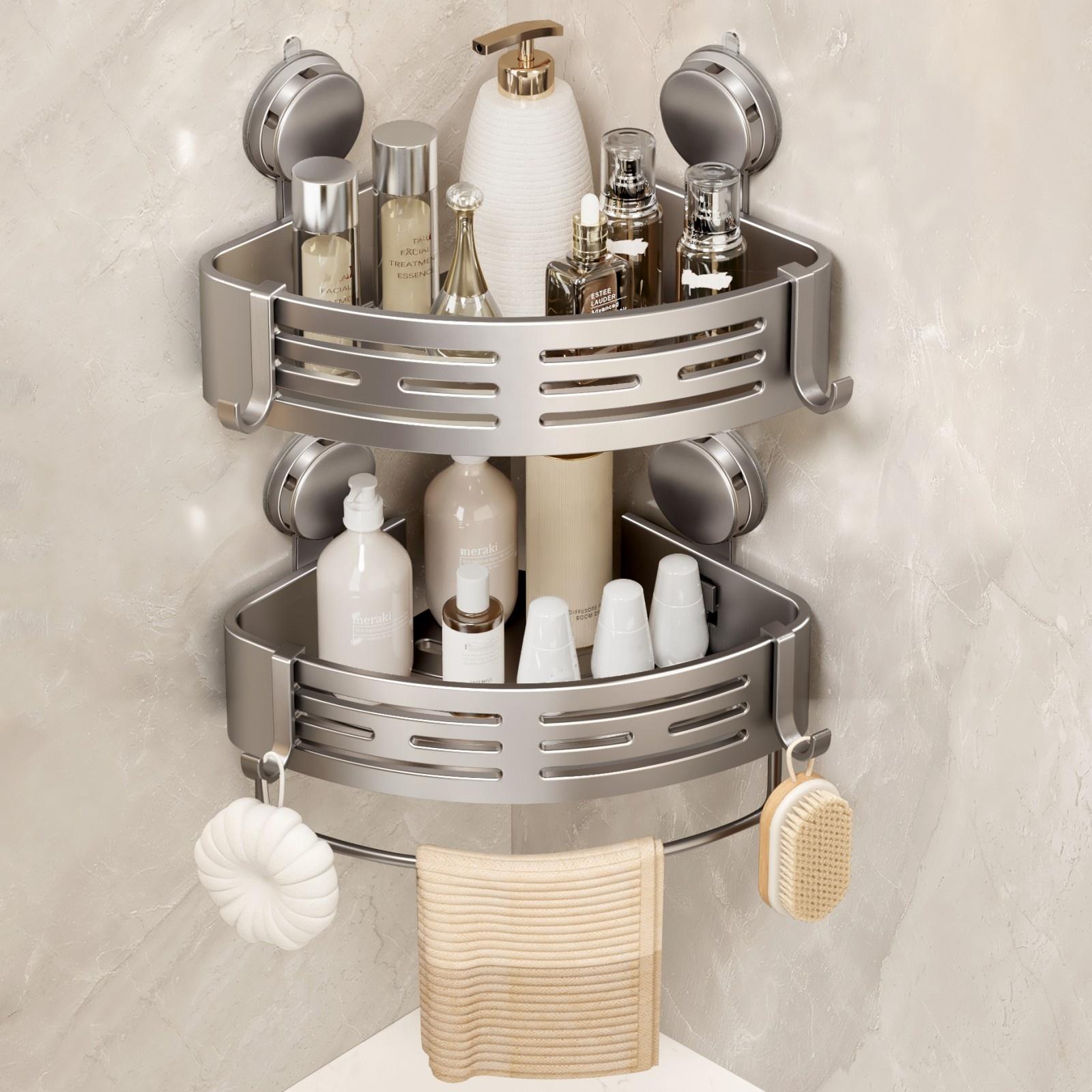 Corner Shower Caddy Suction Cup Shower Shelf Corner No Drilling Bathroom Shower Organizer Storage Rack Adhesive with Towel Bar Hooks (,Matte Gray) : Home & Kitchen Corner Shower Caddy Suction Cup Shower Shelf Corner No Drilling Bathroom Shower Organizer Storage Rack Adhesive with Towel Bar Hooks (,Matte Gray) : Home & Kitchen