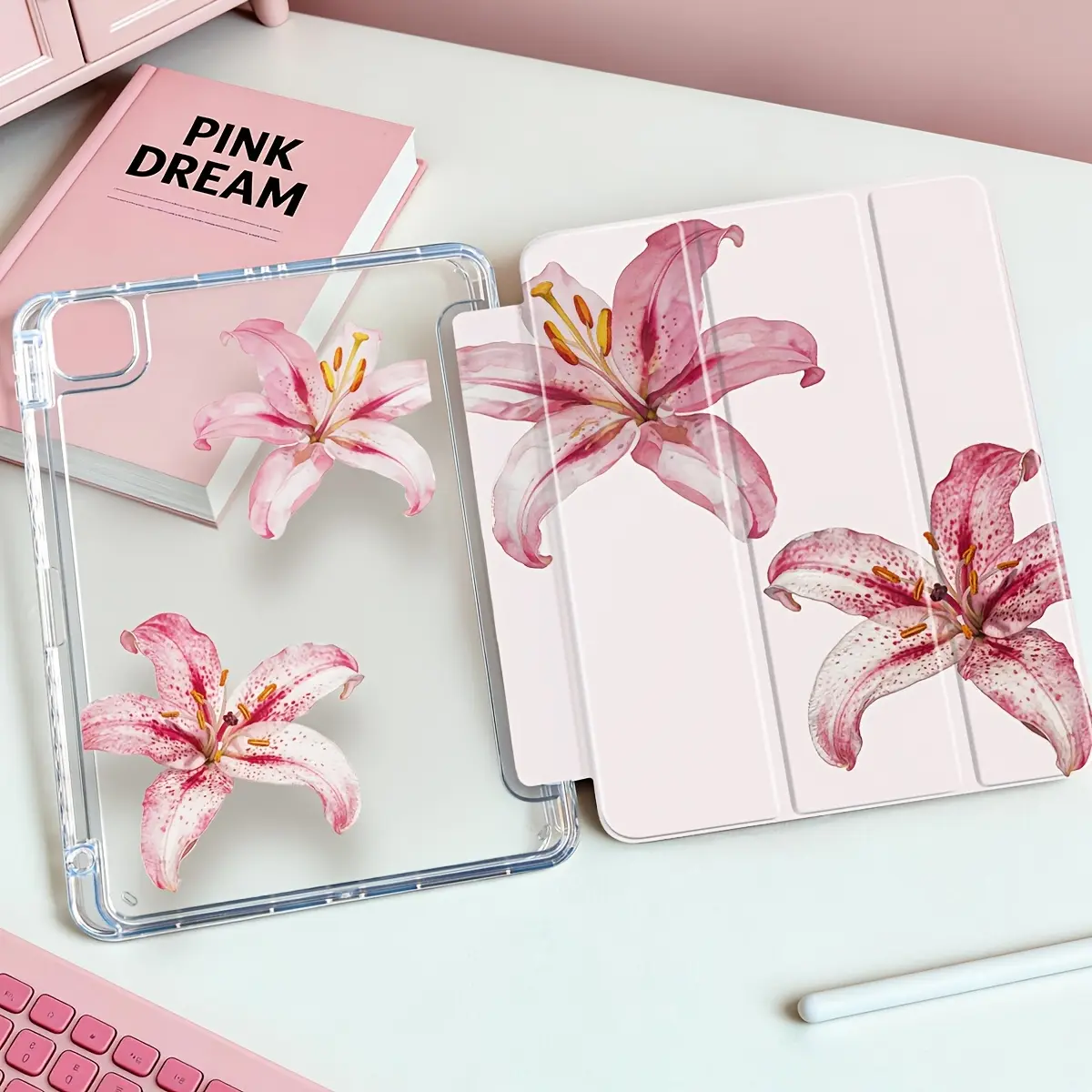 Pink Lily Double-sided Pattern iPad Case for 11/10.2-inch 2021/2020 iPad 10th/9th/8th Gen Mini 6/7 with Trifold Stand Magnetic Closure Clear Bumper Folio Cover Aesthetic Floral Tech Accessory