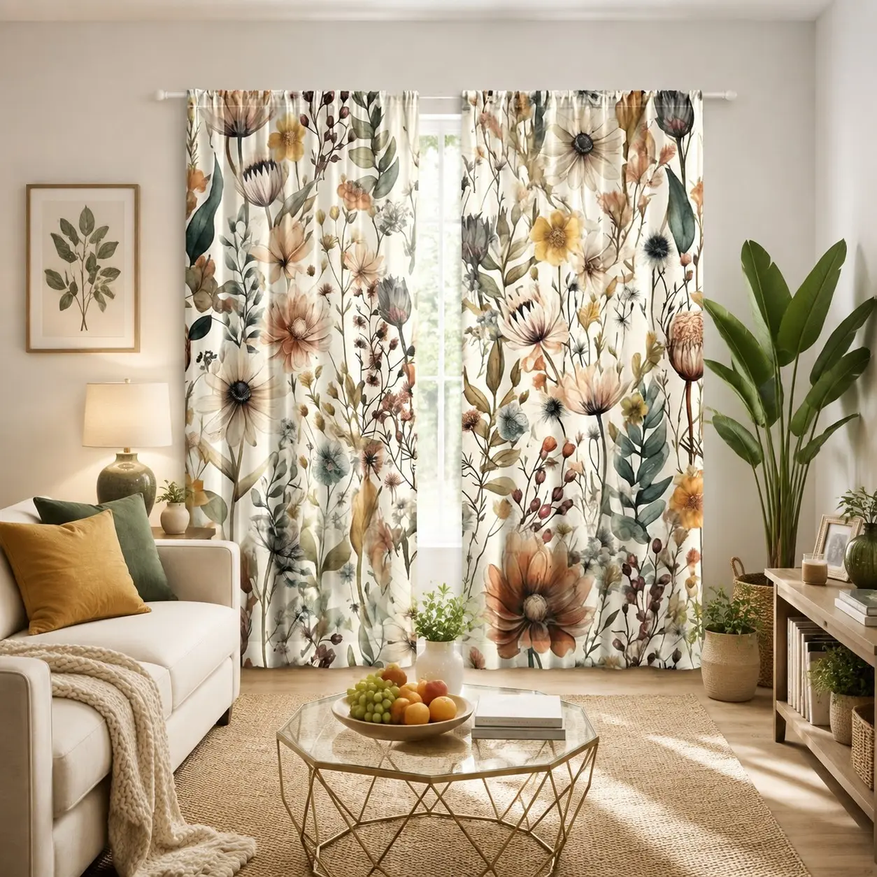 2 Bohemian retro art printed curtains, Home Decorative Curtain, Window Drapes, Floral pattern, pole pocket hanging, window treatment, polyester fiber, semi blackout enhanced privacy, suitable for bedroom, living room, office home decoration