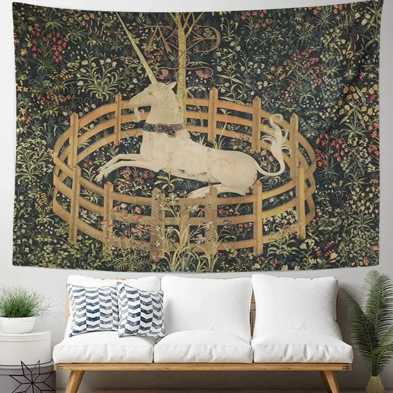 Medieval Captive Unicorn Tapestry, White Horned Unicorn inside a Golden Fence with Dense Flowers and Dark Botanical Background Wall Hanging for Bedroom Living Room Study Studio, Vintage Fantasy Home Decor, Peach Skin Fabric, Multiple Sizes Available