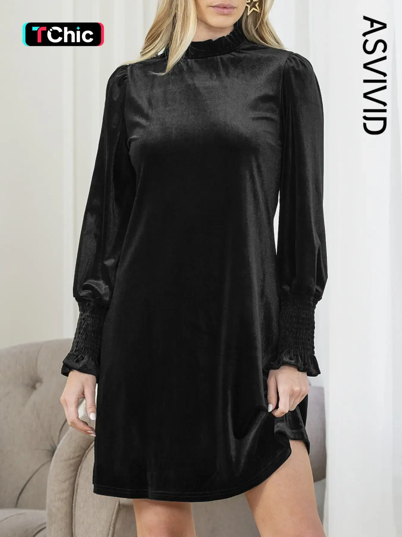 Women's Solid Frill Trim Flounce Sleeve Velvet Tunic Dress, Elegant Long Sleeve Stand Collar Short Dress for Party Holiday Wedding Guest, Ladies Winter Clothes