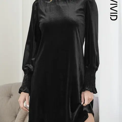 Women's Solid Frill Trim Flounce Sleeve Velvet Tunic Dress, Elegant Long Sleeve Stand Collar Short Dress for Party Holiday Wedding Guest, Ladies Winter Clothes