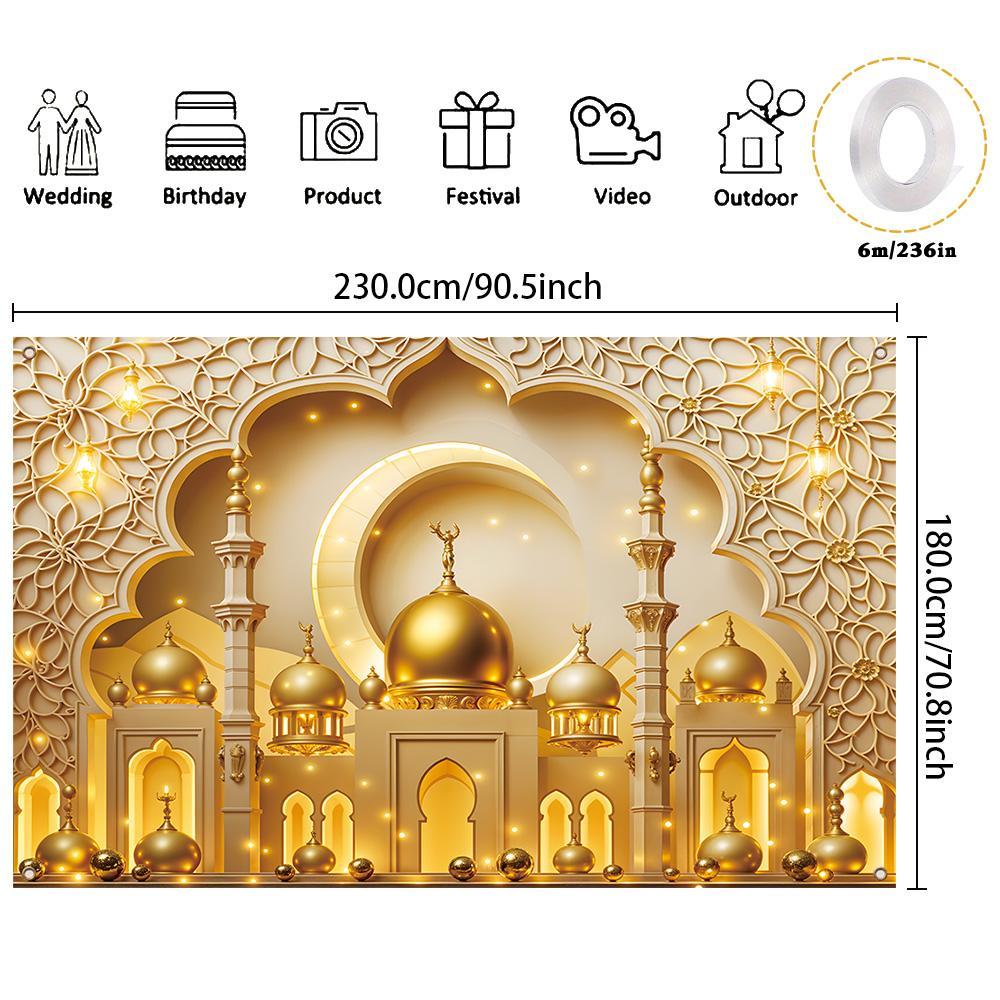 Ramadan Theme Backdrop, 1 Count Exquisite Mosque & Moon Pattern Backdrop, Decorative Banner for Home Party Wedding Festival