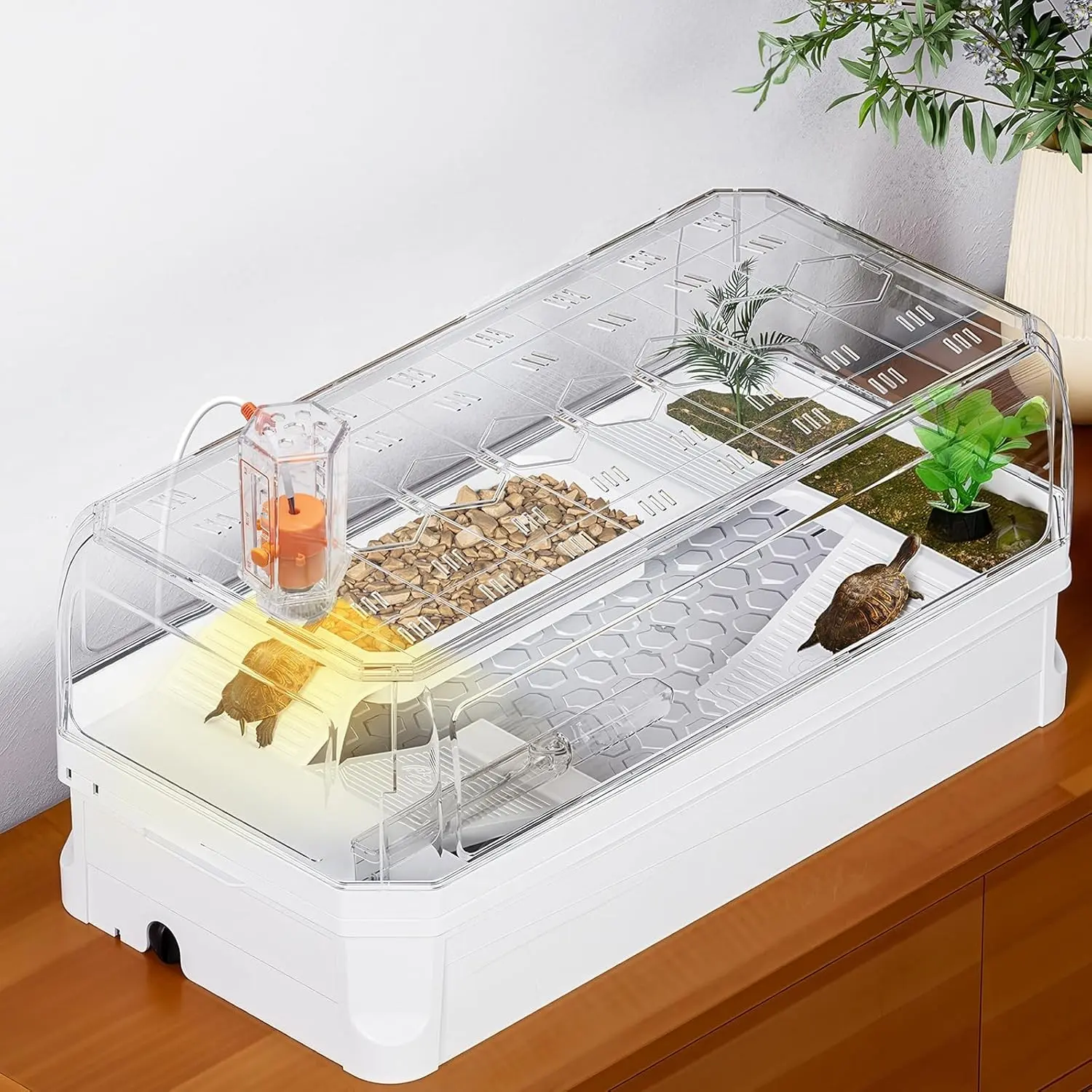 Small White Turtle Tank with Lid, Aquatic Habitat for Red Eared Slider