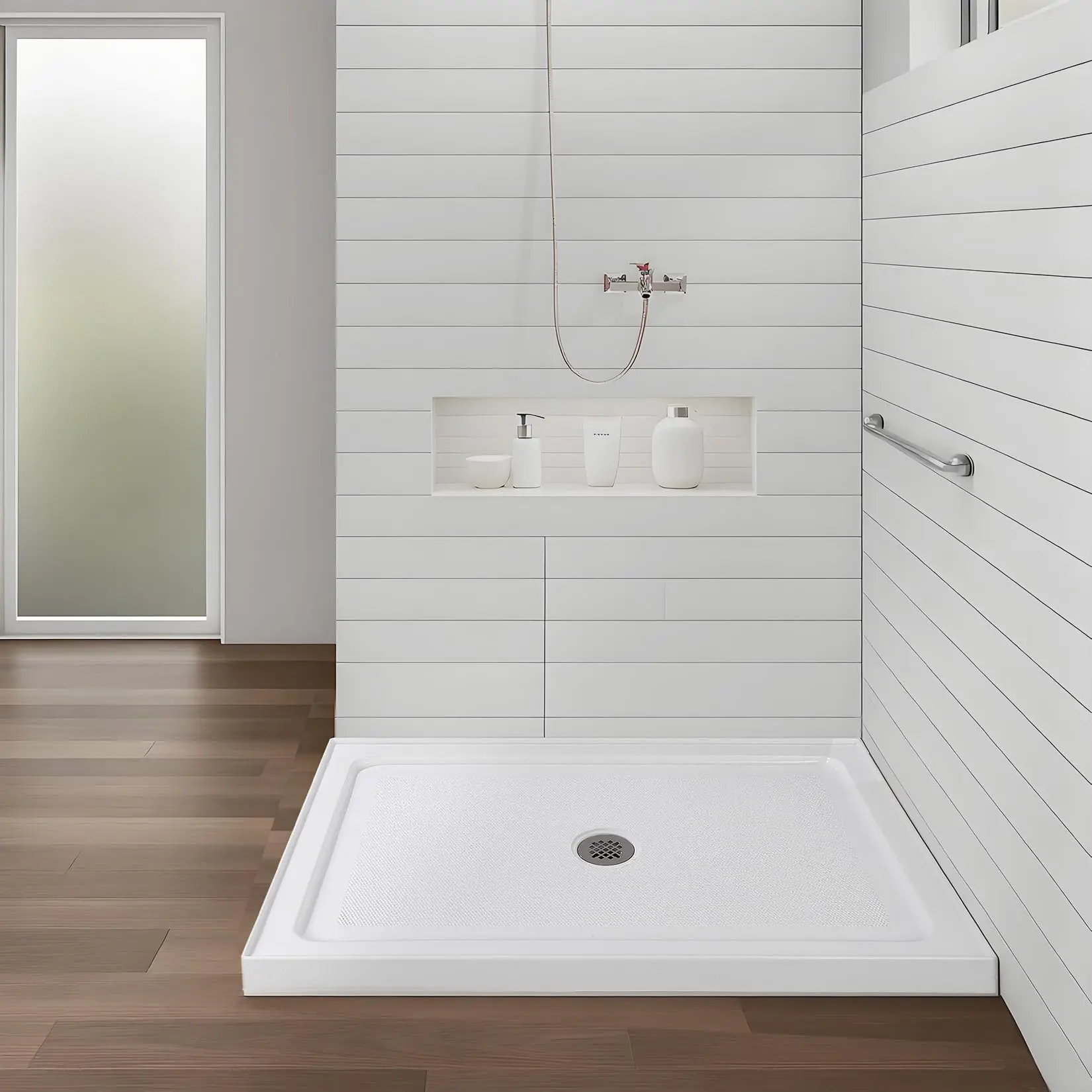 Garvee 32x48 in Acrylic Non-Slip Shower Base Kit, Single Threshold Bathroom Tray with Center Stainless Steel Drain, Efficient Drainage, Easy Installation, Modern Design