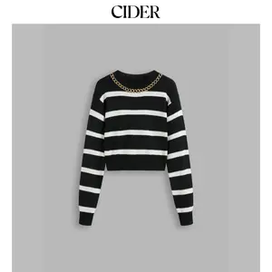 Cider [size 2-10] Knit Round Neckline Striped Chain Detail Crop Sweater