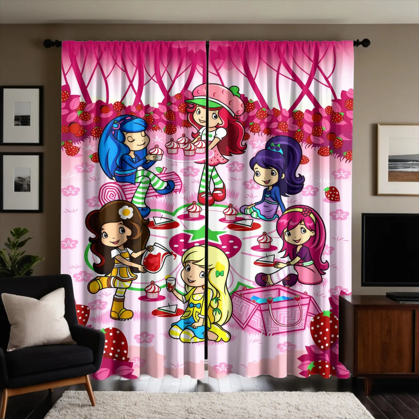 2 Panels Brushed Fabric Rod Pocket Curtains, Semi-Blackout Curtains With Digital Print Cartoon Girls Picnic Graphics, Decorative Light Filtering Window Drapes, Perfect For Bedroom, Guest Room, Children Playroom.