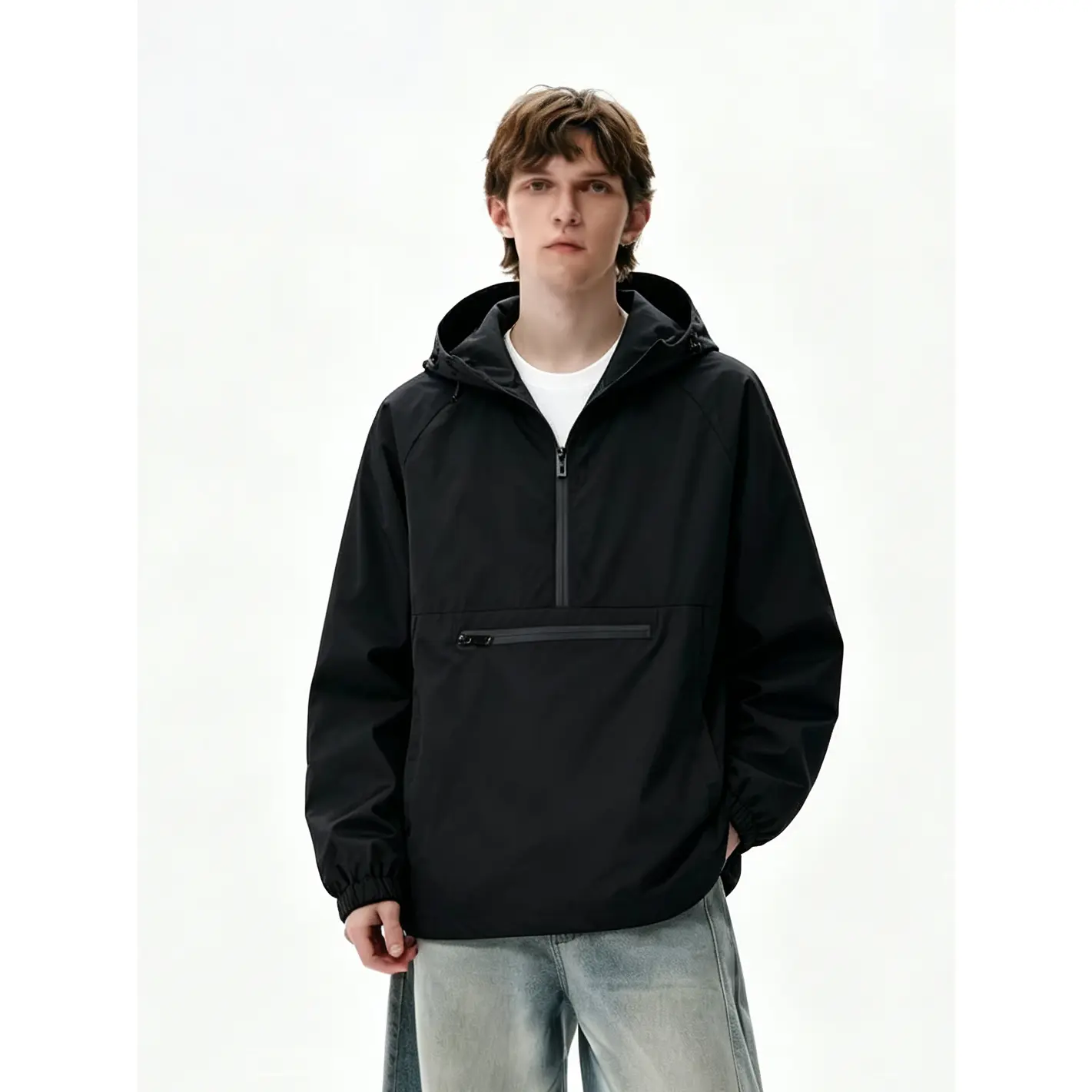 Men's Slim-Fit Half-Zip Hooded Windproof Waterproof Polyester Pullover Jacket - Adjustable Hood, Zipped Pockets, Lightweight Tops with Plaid Suede Lapel, Street Style Outerwear for Hiking, Daily Wear