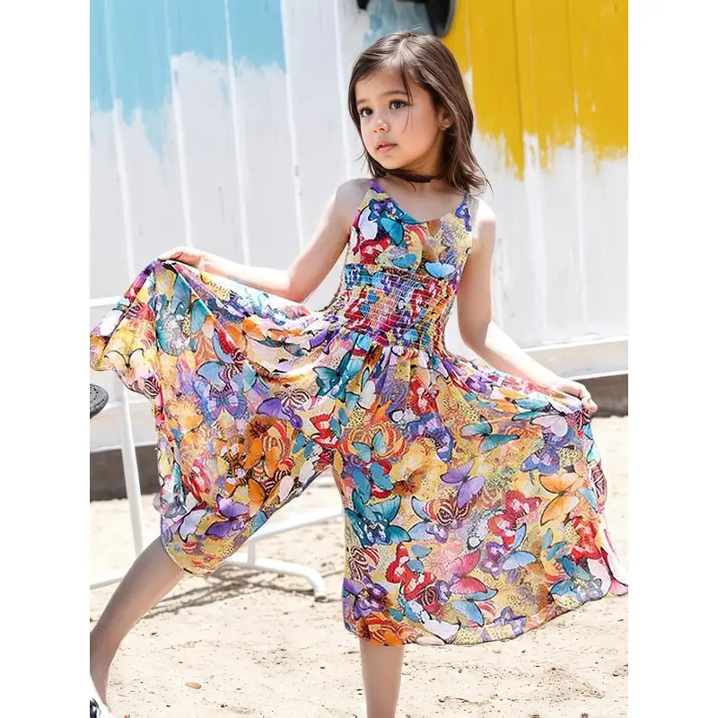 Girls' Elegant Two-Tone Jumpsuit 2026 New Model - Sleeveless, Cute Butterfly Print, Wide-Leg Design, Lightweight Polyester, Casual Summer Beachwear, Machine Washable, Available in Multiple Colors