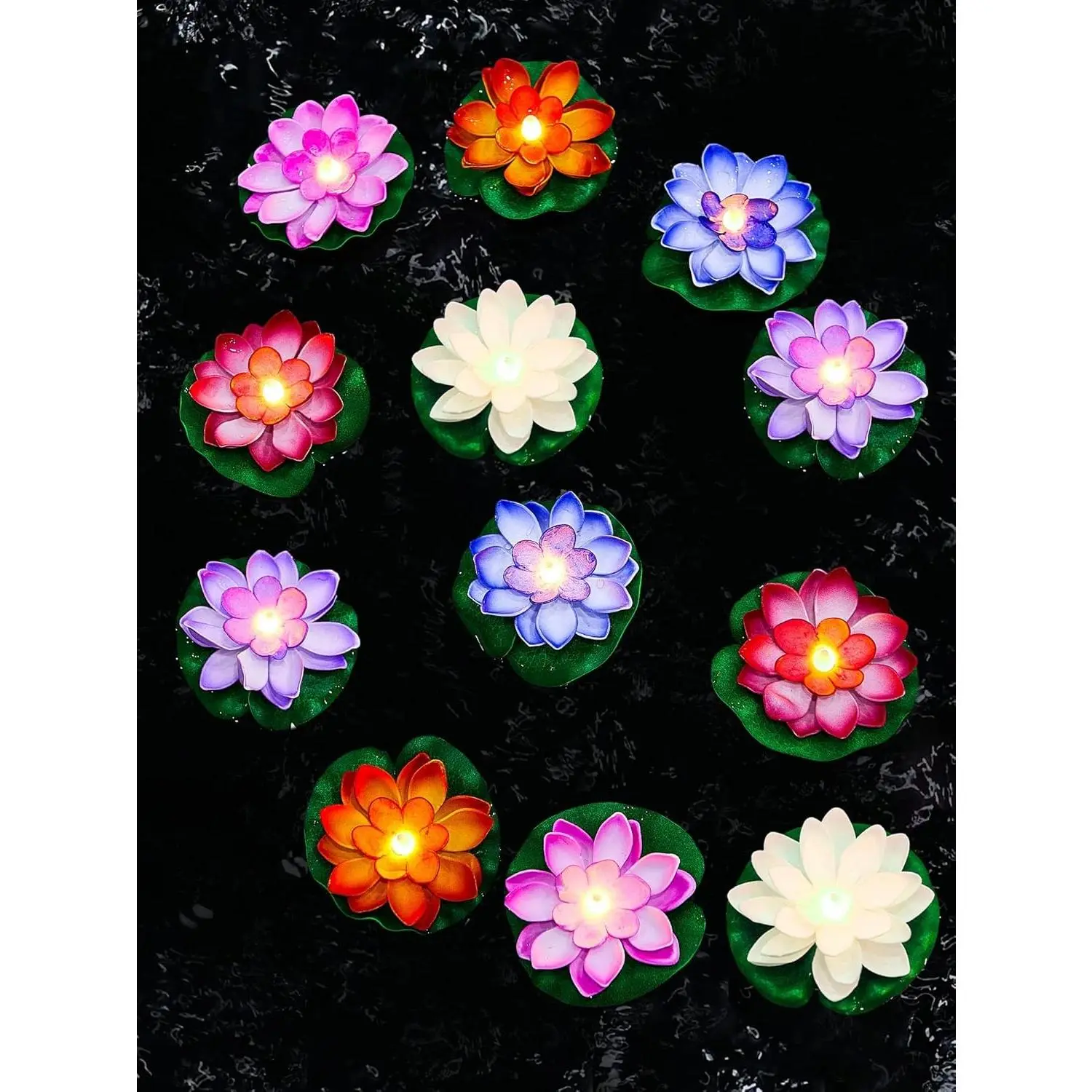12 Pcs Floating Lotus Lights with Batteries Lily Pads Pool Flowers Floating Candles Decor Artificial Pond Plants Decorations for Pool Pond Outdoor Indoor (Multicolor,3.94 Inch)