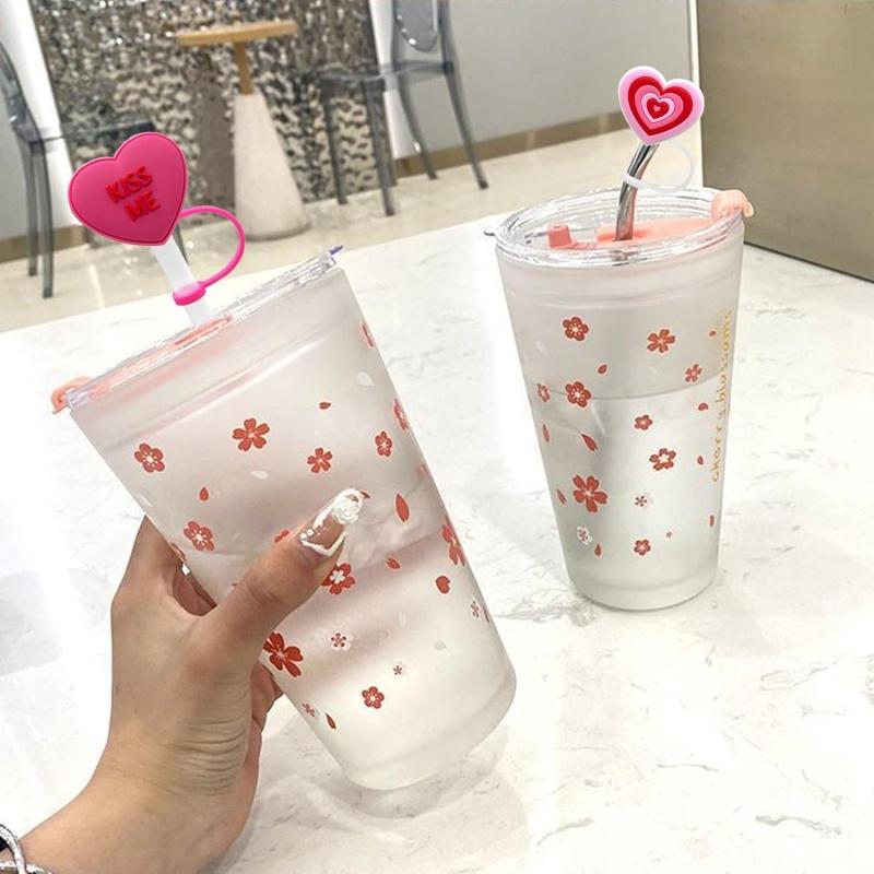 Valentine's Day Heart Shaped Straw Cover Cap, 4 Counts Cute Straw Cap, Drinkware Accessories for 7~8mm Straws, Home Kitchen Party Supplies