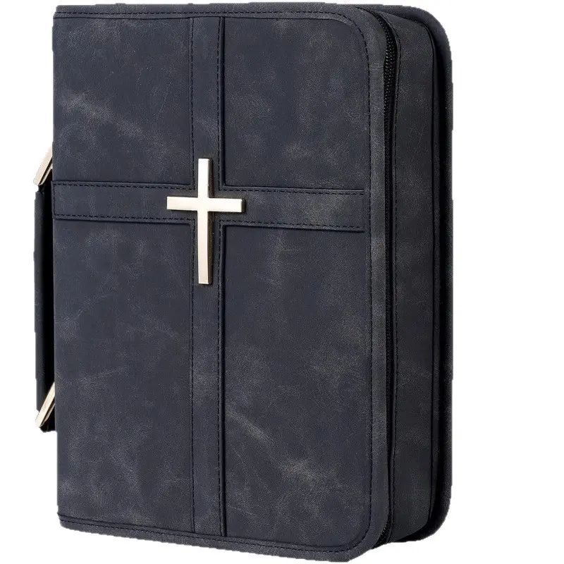 Classic Vegan Leather Bible Cover with Metal Cross Design Handle Zipper Bible Case Organizer Bag Durable Bible Study Supplies Carrying Bag for Men Women Christian Religious Daily Use Black