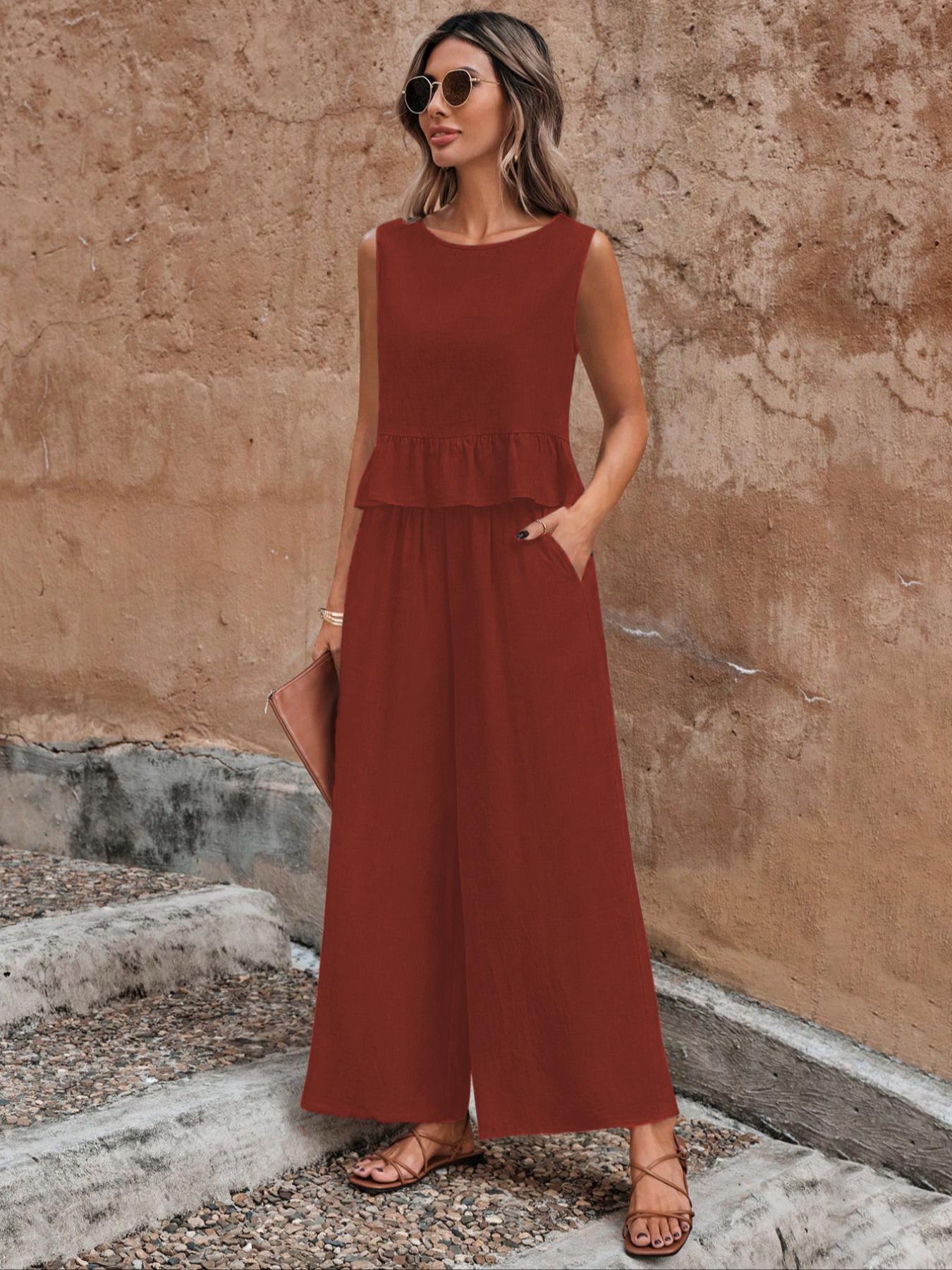 Women's Solid Ruffle Hem Tank Top & Elastic Waist Wide Leg Pants Set, Casual Button-Detail Round Neck Top & Pocket Trousers, Ladies Summer Clothes, Clothing Sets