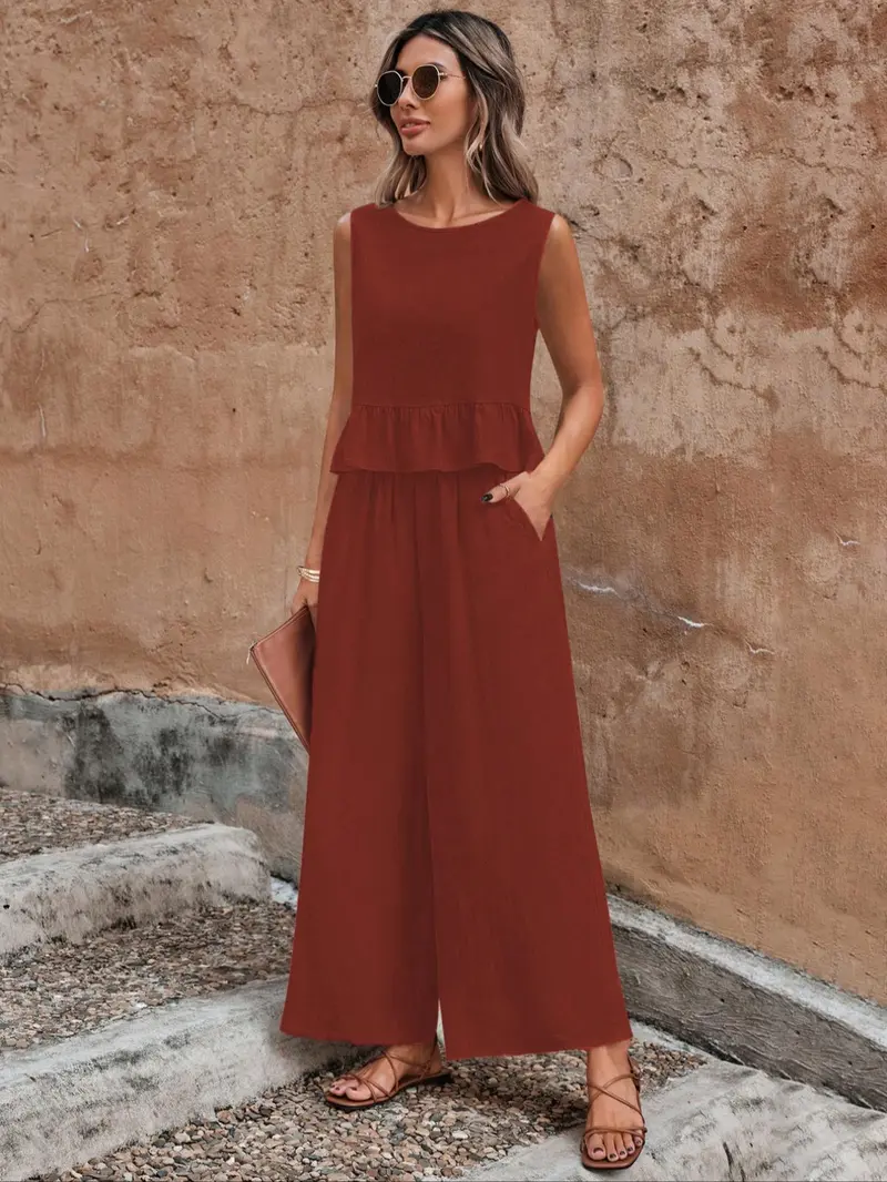 Women's Solid Ruffle Hem Sleeveless Tank Top & Elastic Waist Wide Leg Pants Essential Set, Casual Button-Detail Round Neck Top & Pocket Trousers, Ladies Summer Clothes, Clothing Sets
