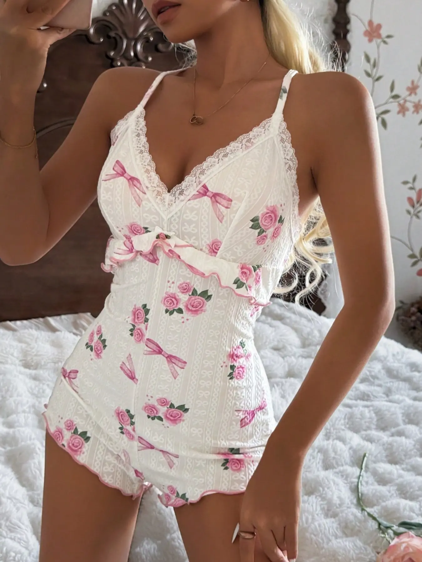 Women's Sleeveless Jumpsuit, Spaghetti Strap, Ditsy Floral Pattern, U-Back Design, Decorative Bow, Slim-Fit Knitted Sleepwear, Elegant, Chic, Feminine Style