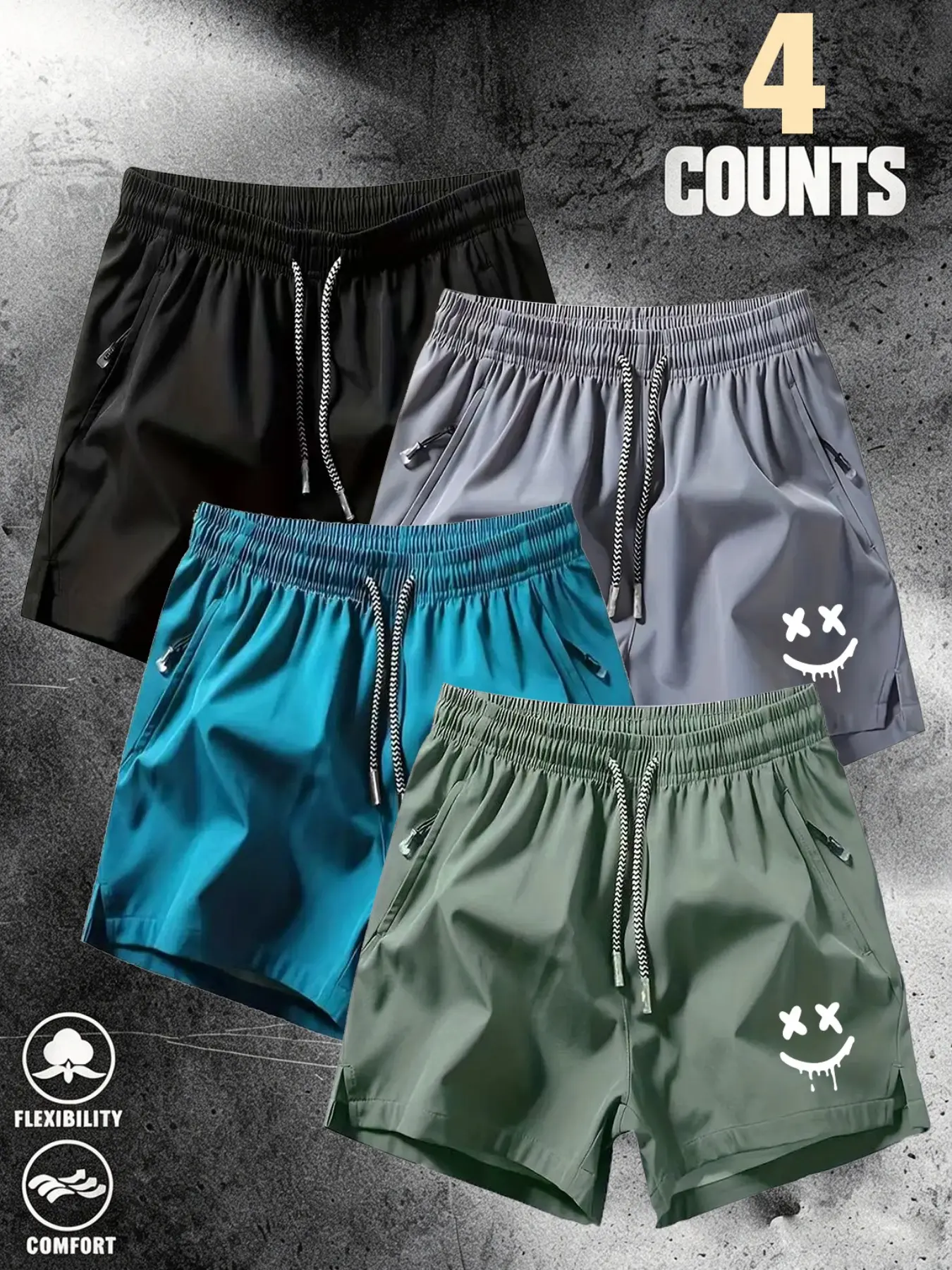 Men's Ice Silk Quick-Dry Shorts, 4-Pack, Cartoon Pattern, Drawstring Waist, Zipper Pocket, Outdoor Running, Casual Style, All Seasons