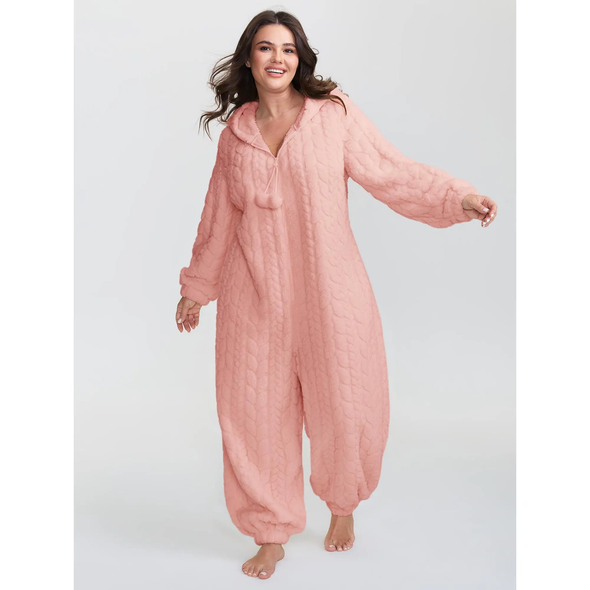 BloomChic Women's Plus Size Oversized Loose Hooded Longsleeves Fleece Onesie (M-6X) - Half-Zip Basic Fit Pocketfree Ease Cozy Winter Loungewear, Soft Warm Polyester Pajama Romper for Back to School