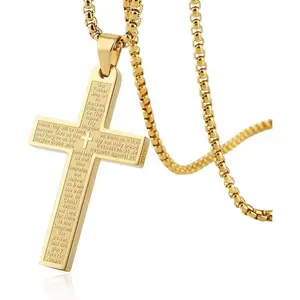 HZMAN Stainless Steel Mens Womens Cross Necklace Lord's Prayer Pendant, 4 Colors Available