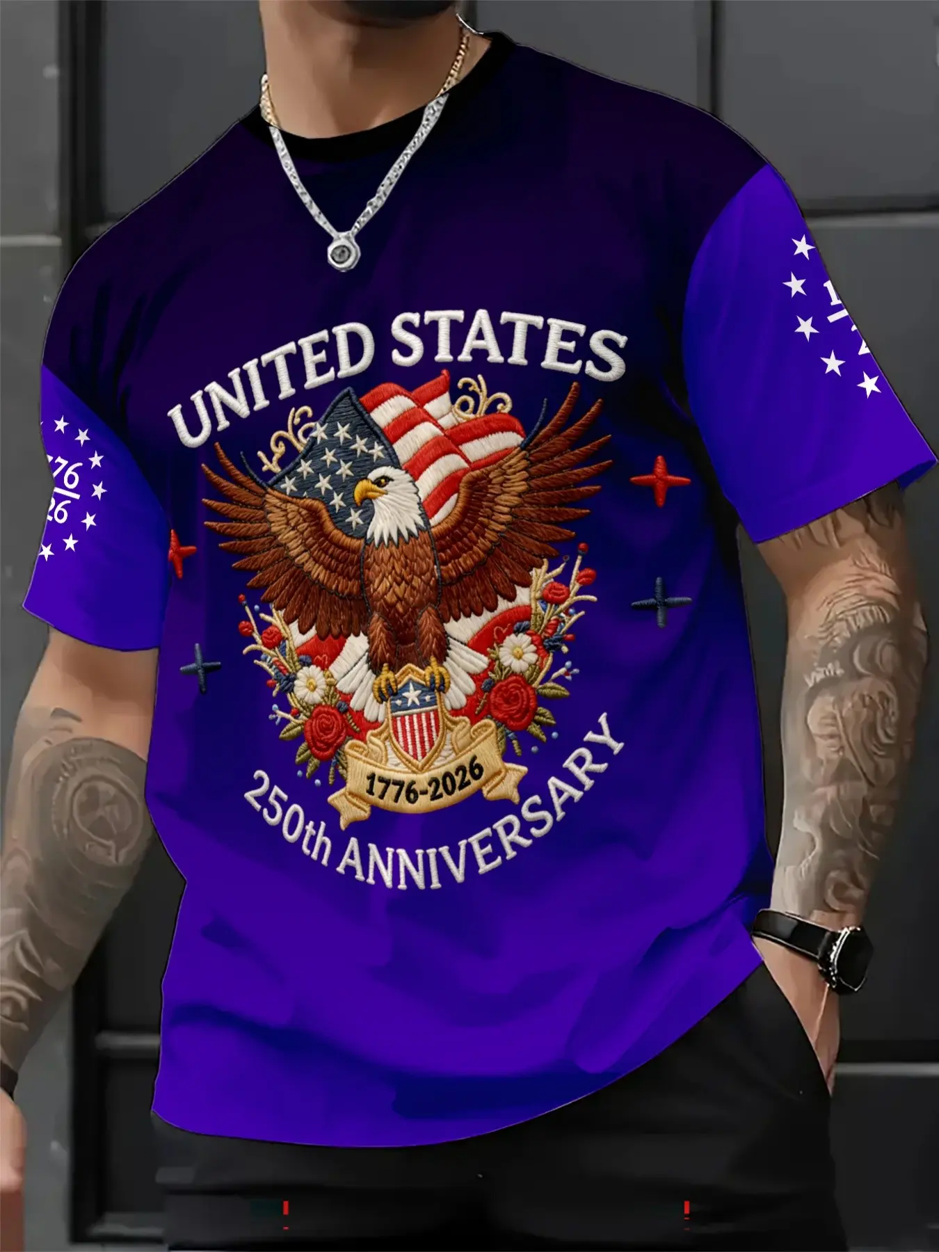 Usa Independence Day Man T-Shirt, 3D Eagle Wing Flag & Ribbon Print, Patriotic Theme, Casual Streetwear Long Sleeve, Perfect for Daily Wear, Casual Summer Tee
