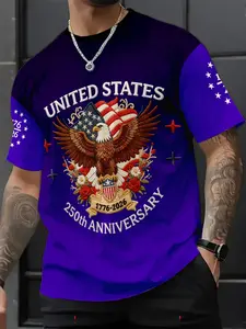 Usa Independence Day T-Shirt, 3D Eagle Wing Flag & Ribbon Print, Patriotic Theme, Casual Long Sleeve, Perfect for Daily Wear