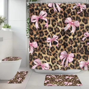 1/4 pcs leopard print and pink bow pattern shower curtain set, non-slip floor mat, U-shaped carpet, toilet lid cover, Bathroom Accessory, perfect for bathroom decoration, partition, 12 shower curtain hooks are included