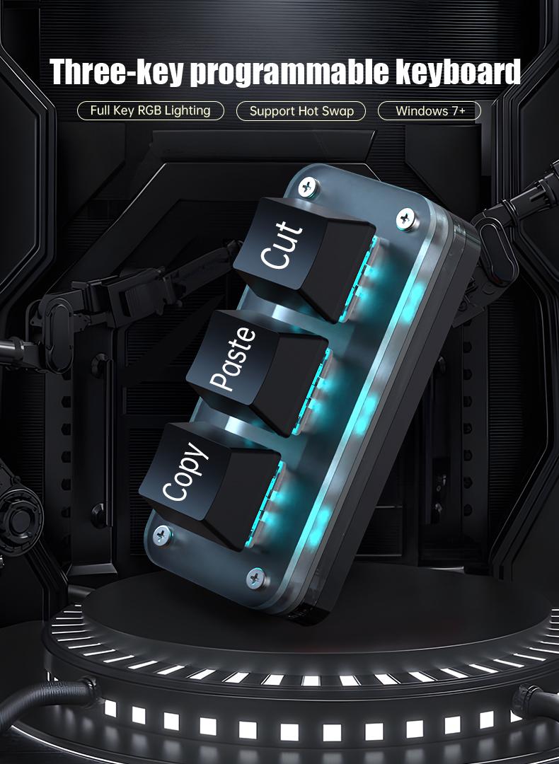 RGB 3 Keys Macro Programming Mini Keyboard for Photoshop Gaming Hotswap Programming Keypad Copy Paste Mini Button Macropad