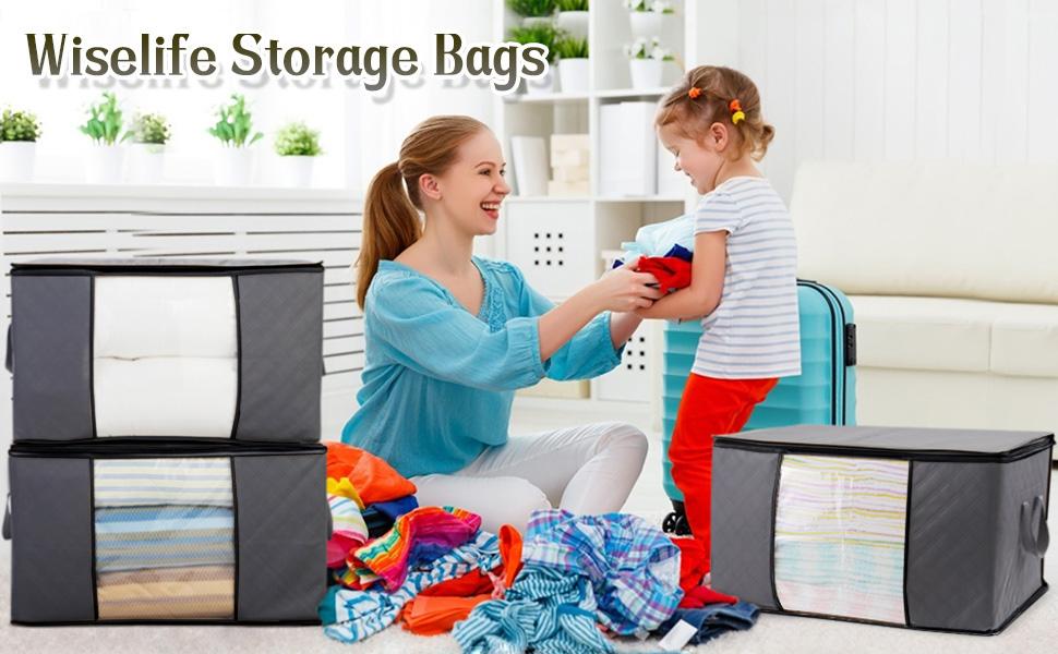 Clothes Storage Bags, Large Capacity Blanket Storage Containers Organizers for Comforters, Bedding, Foldable 3 Layer Fabric, Sturdy Zippers, Reinforced Handle,Clear Window,(Grey, 6 x 100L)