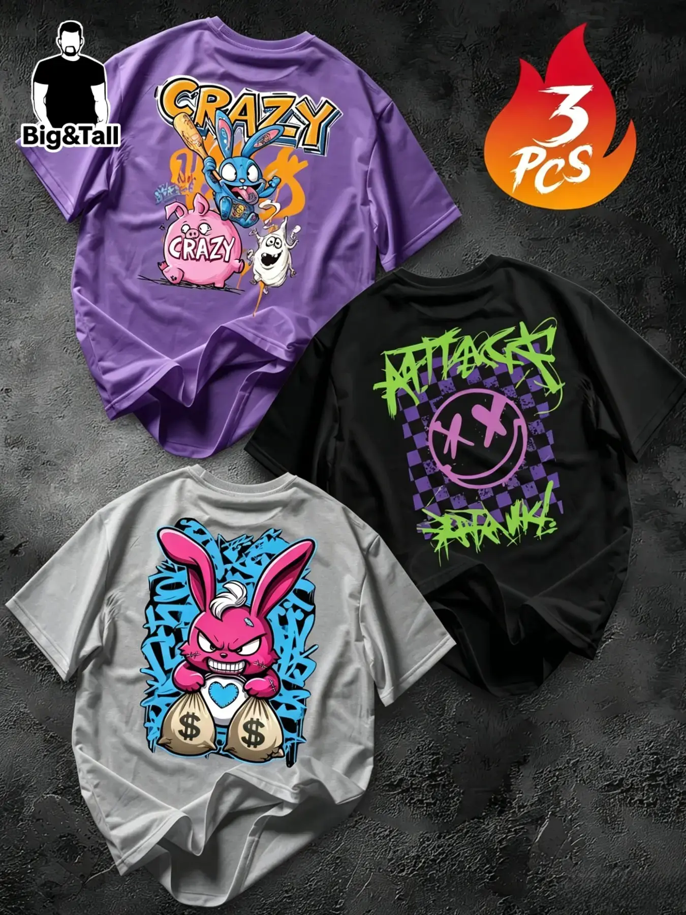 3-Pack Plus Size Men's Round Neck T-Shirts, Cartoon Bunny Graffiti Print Streetwear, Loose-Fit Casual Long T-Shirt Set, Comfortable for Home & Travel, Menswear