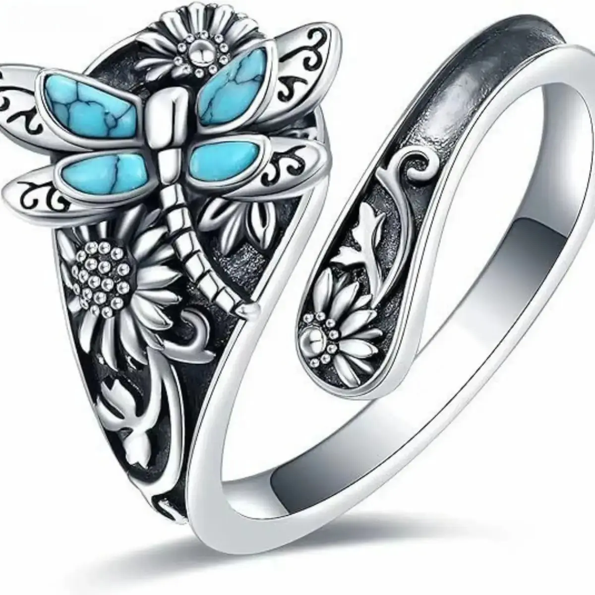 Women's Boho Turquoise Dragonfly Sunflower Ring - Adjustable Wrap Costume Jewelry with Floral Accents, Exquisite Dragonfly Design for Daily Wear, Summer Outfits, Engagement, Dragonfly Ring, Female