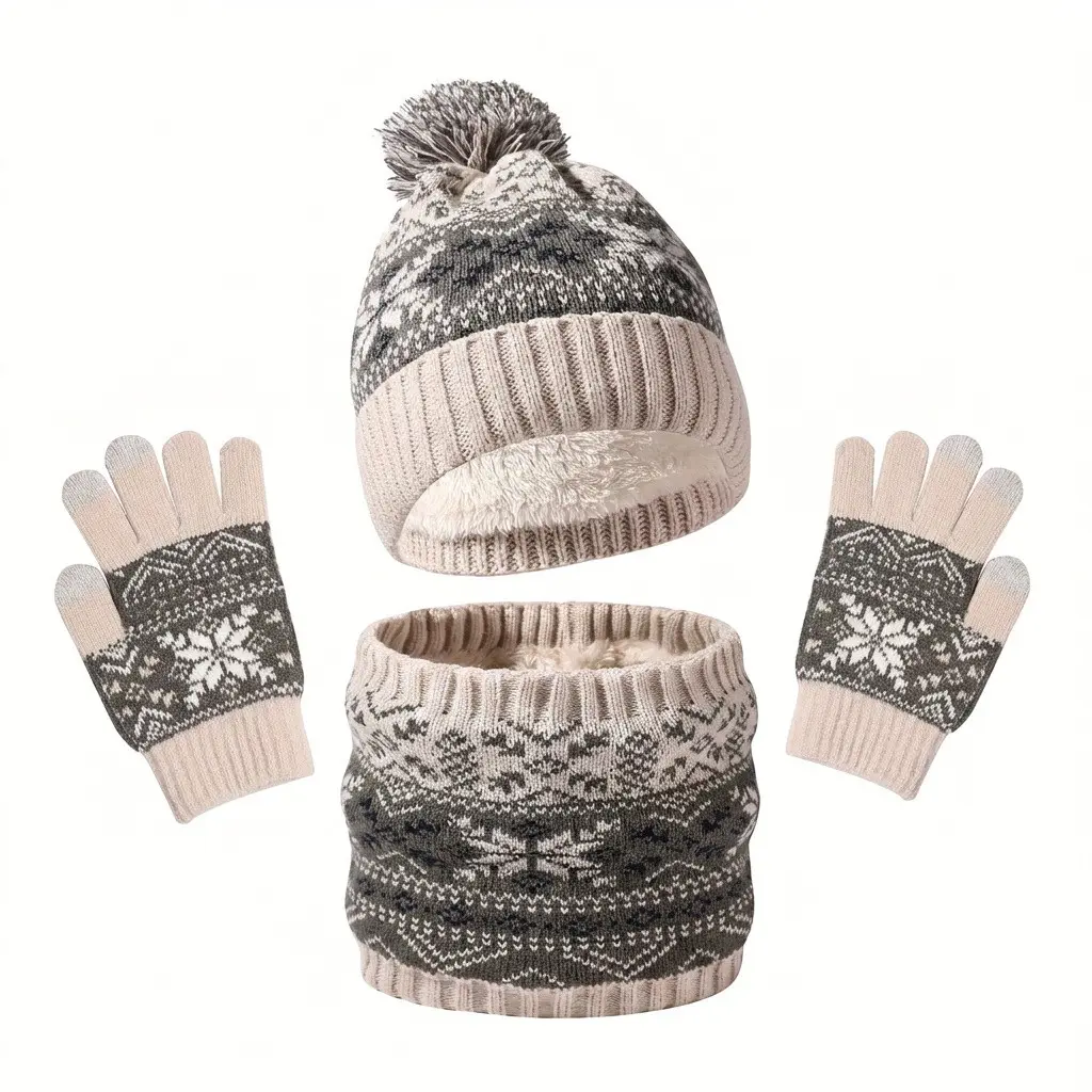 Kids Winter Hat Scarf Gloves 3-In-1 Set, Fleece Lined Pom Pom Beanie, Knit Neck Gaiter, Touchscreen Gloves, Cold Weather Accessories
