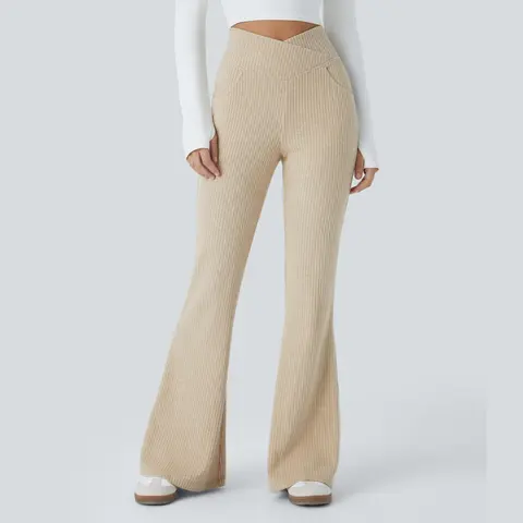 Halara Ribbed Knit Crossover High Waisted Pocket Casual Flare Pants