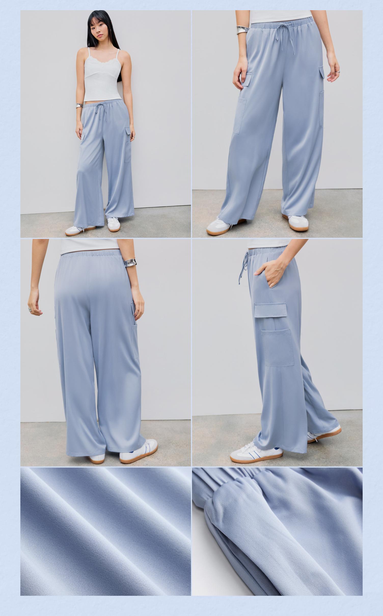 Cider [2 colors, size 2-26] Satin Mid Waist Solid Cargo Drawstring Wide Leg Trousers