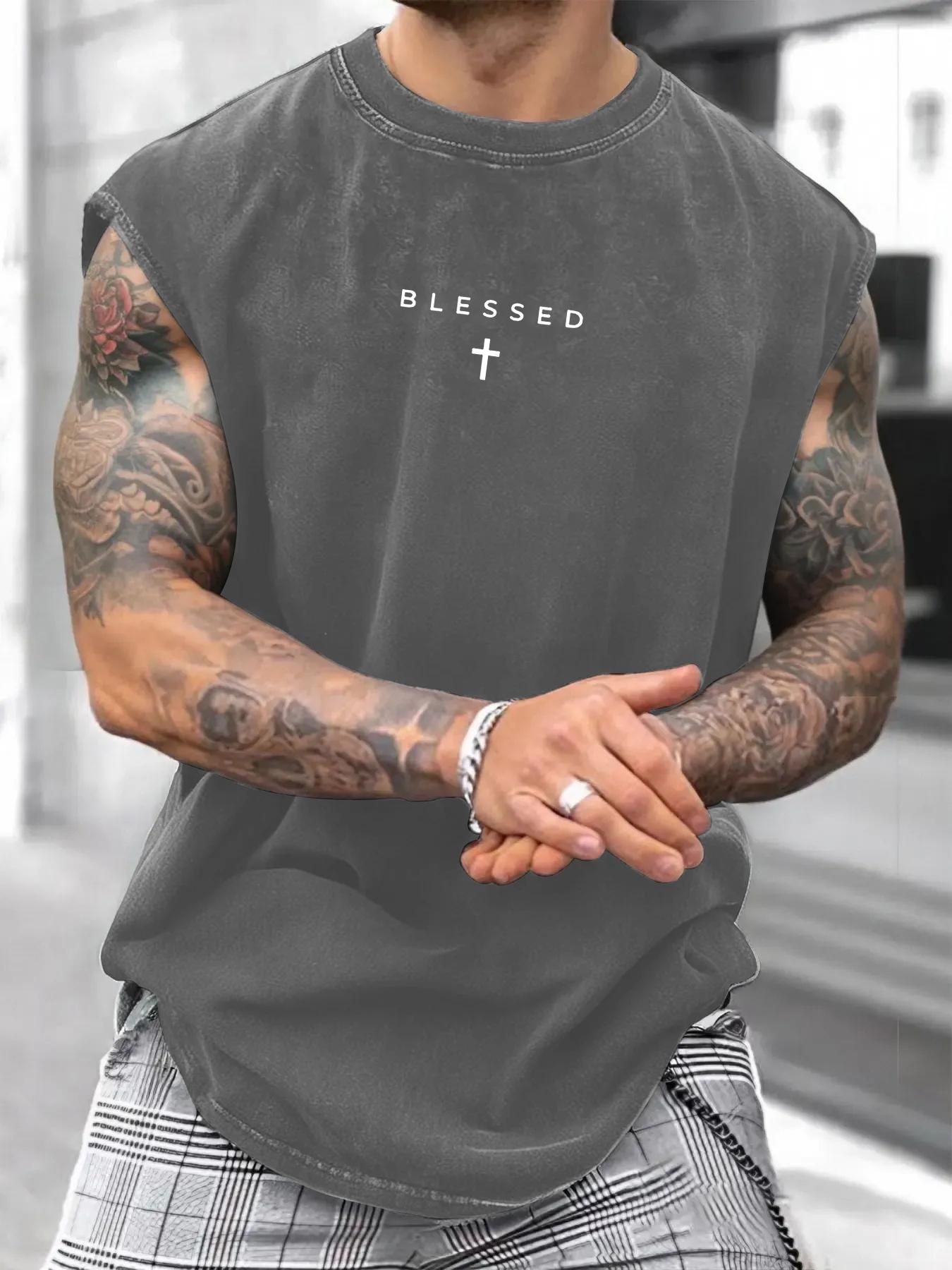 Men's Loose-Fit Sleeveless Short Graphic T-Shirt, Pure Cotton Streetwear Street Style Summer Top, Casual Fashion Design for Daily Wear & Sports Men's Loose-Fit Sleeveless Short Graphic T-Shirt, Pure Cotton Streetwear Street Style Summer Top, Casual Fashion Design for Daily Wear & Sports