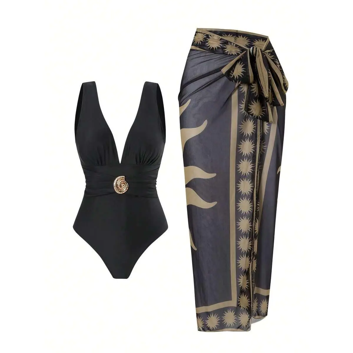Women's 2-Piece Sophisticated Black & Gold Resort Swimwear Set - Plunge Neck Swimsuit, Exotic Gold Pattern Sarong, Swimsuit for Women for Summer Getaways, Luxury Vacations