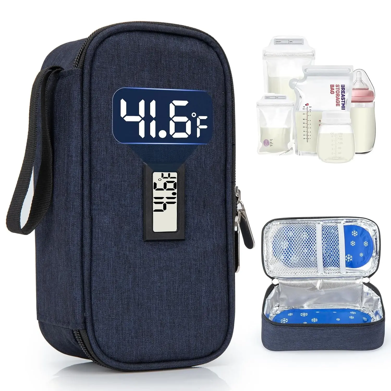 Breast Milk Cooler Travel Bag with Real-Time Temperature Display, Holds 4-6 Breastmilk Storage Bags, Includes 2 Ice Packs, Waterproof Portable Cooler for Moms on the Go, Navy Blue(Gift)
