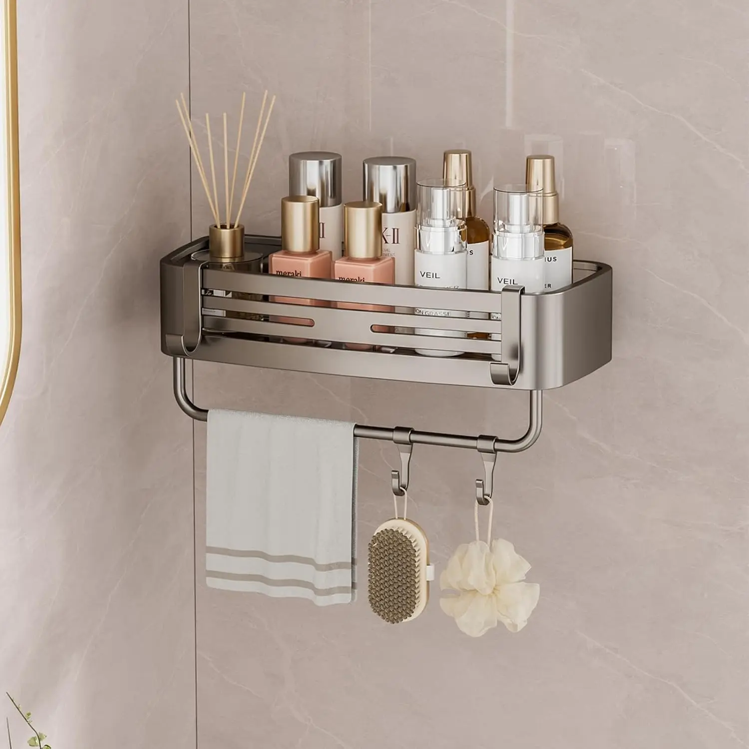 Shower  Suction Cup, No Drilling Rustproof Bathroom Corner Shower Shelf, Removable Bath Organizer with Towel Bar for Bathroom  Storage (Right-angle storage rack)