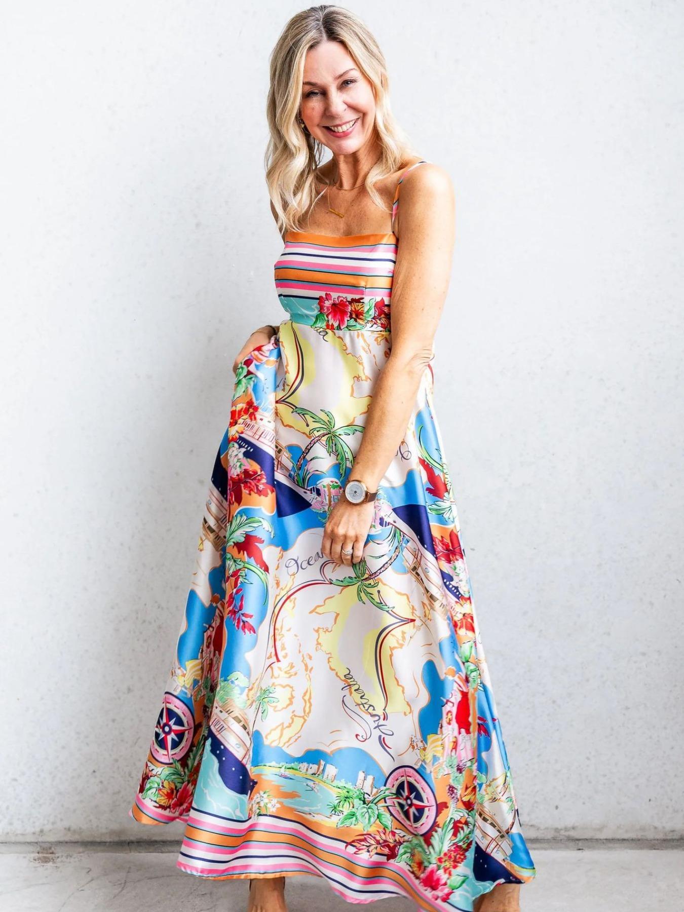 Women's All Over Print Cami Dress, Boho Casual Sleeveless Spaghetti Strap Dress for Beach Holiday Vacation, Ladies Spring & Fall Clothes