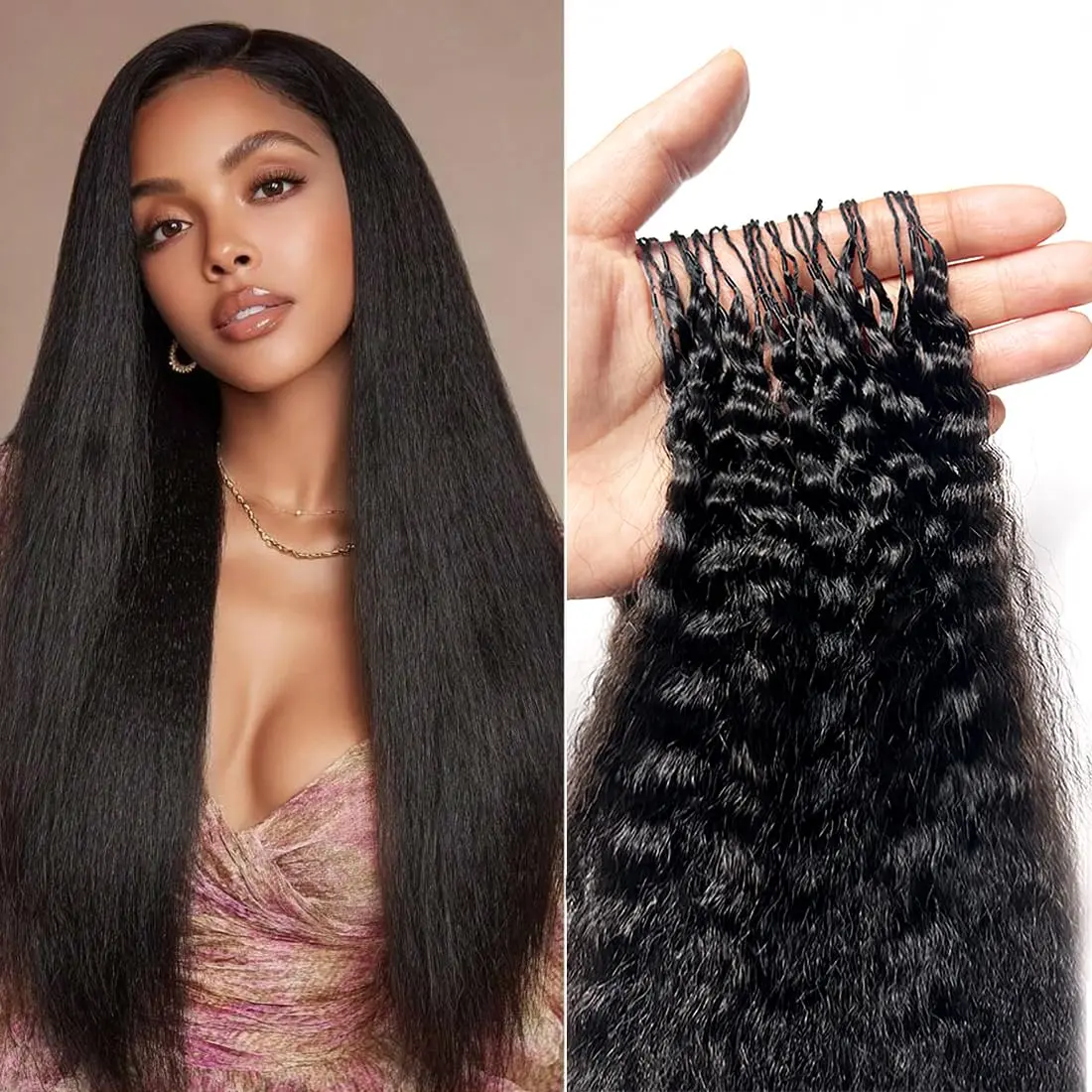 Kinky Straight Feather Crochet Human Hair For Black Women Pre-Separated Knotless Invisble Micro Loop Hair Extensions Crochet Human Hair For Braiding Natural Color