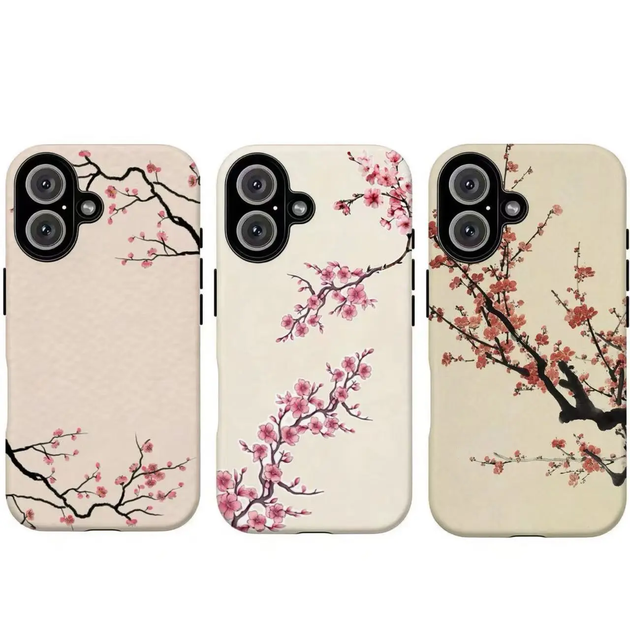Cherry Blossom Phone Case, Cream Beige Pink Sakura Branch Japanese Ink Art Cover for iPhone 11 12 13 14 15 16 17 Air Pro Max, Samsung S21-S26, Stylish Mobile Phone Accessories, Gift For Her