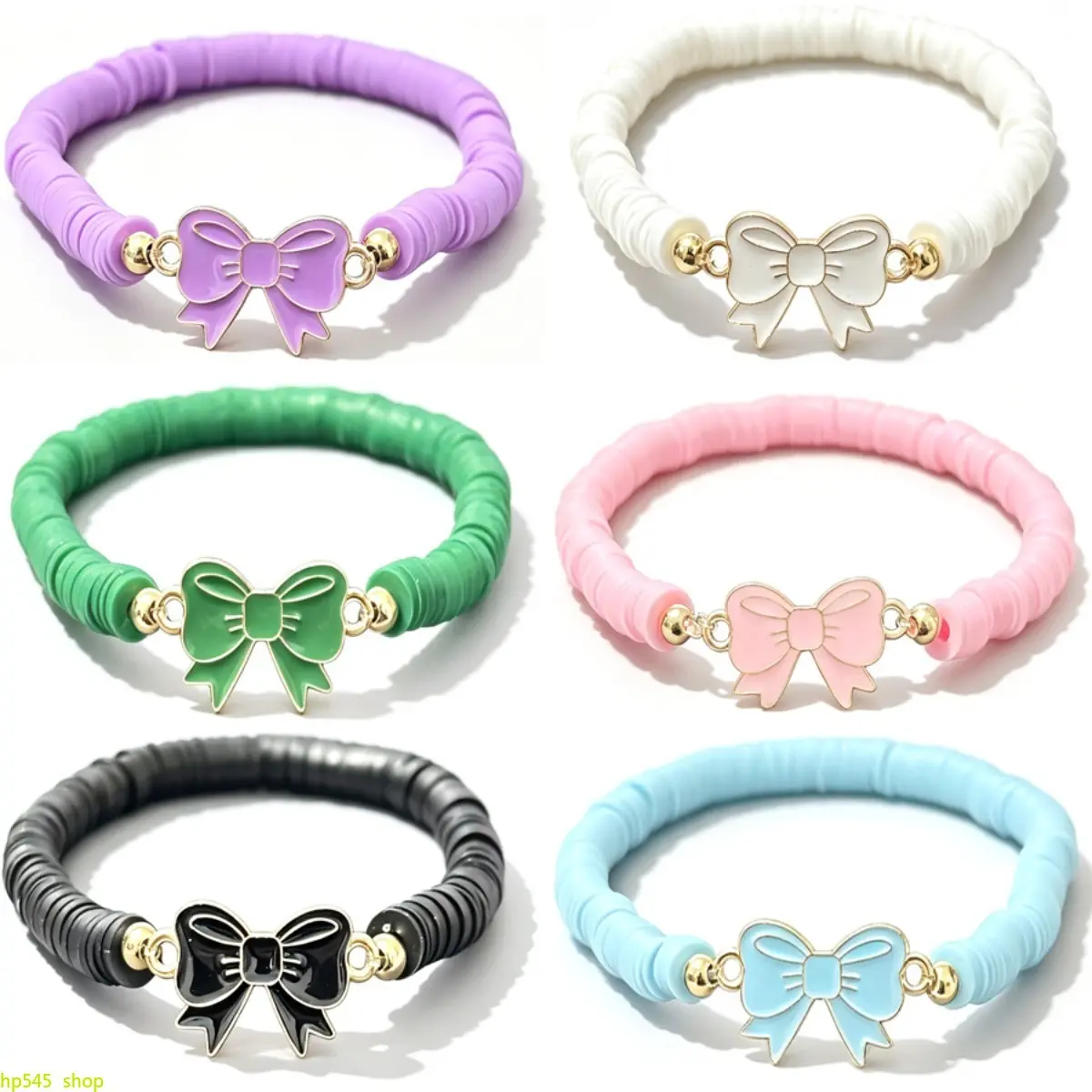 Women's Handmade Bracelet Set, 6-Piece Multicolor Polymer Clay Bangles with Alloy Bow Charm, 18cm Elastic Costume Jewelry for Everyday Wear